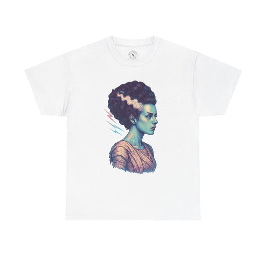 Bride of Frankenstein grey graphic t-shirt featuring gothic illustration of monster bride with lightning bolts
