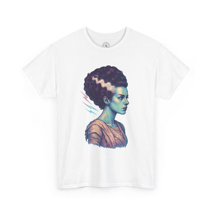 Bride of Frankenstein white graphic t-shirt featuring gothic illustration of monster bride with lightning bolts