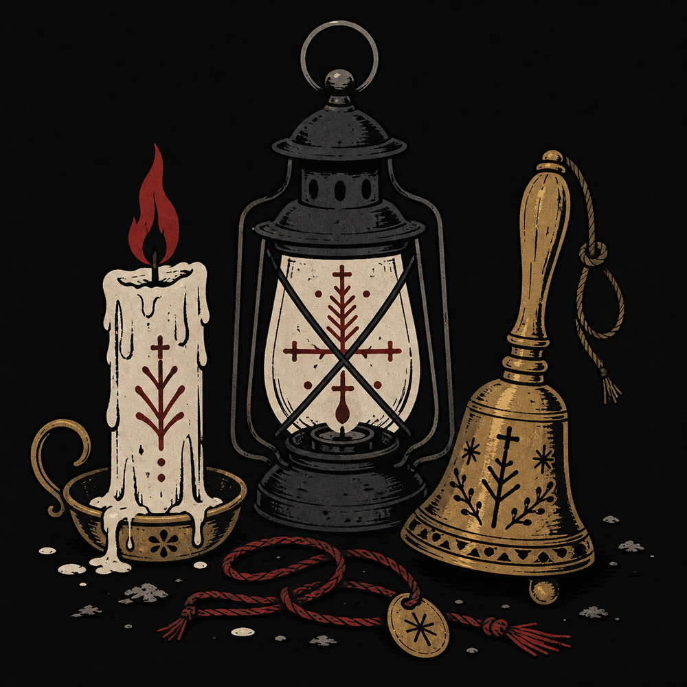 Flat ritual candle, lantern and bell symbols in muted folk horror colours.
