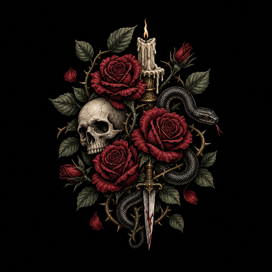Dark Bloom gothic rose skull and serpent homepage collection artwork