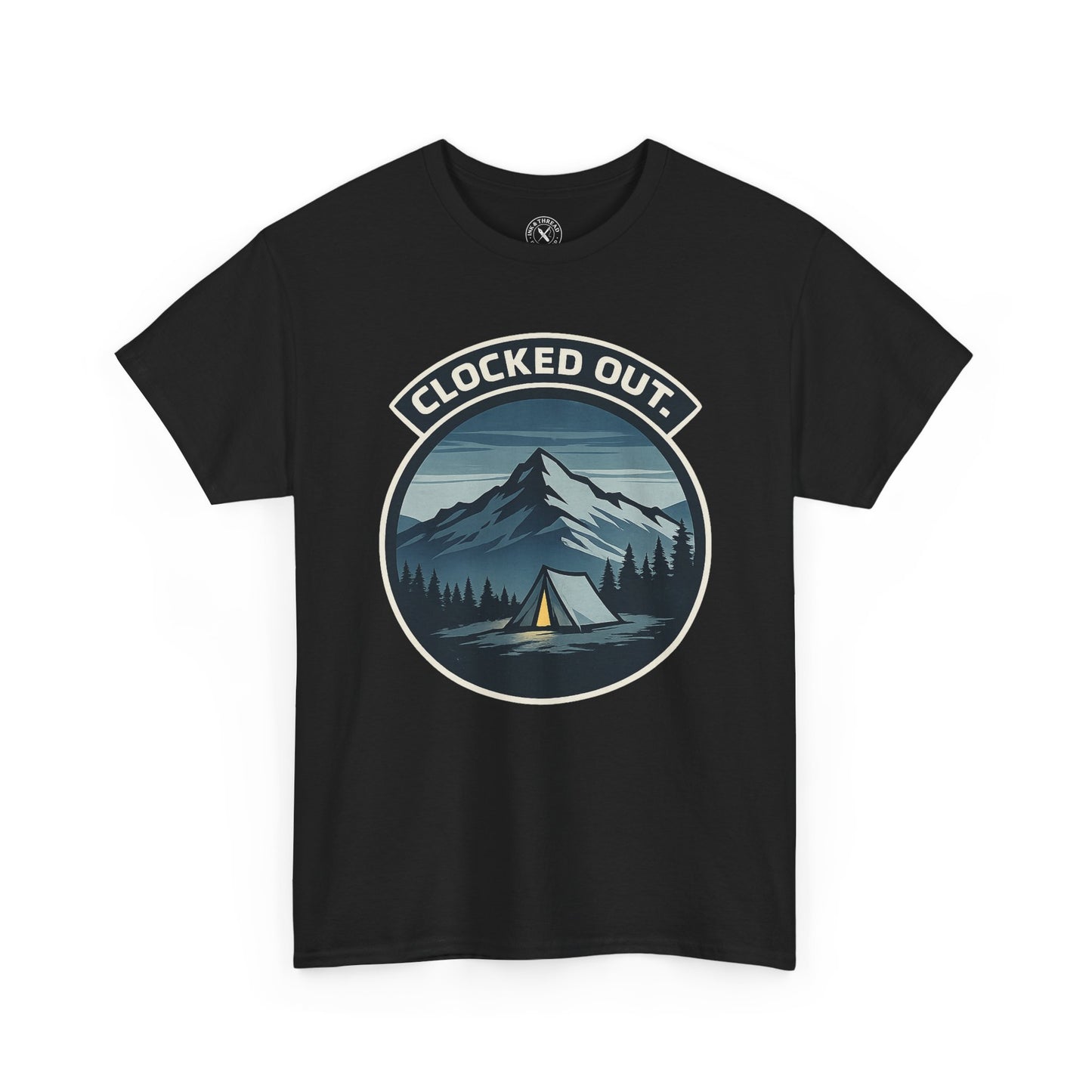 Black unisex t-shirt featuring Clocked Out camping circular badge graphic with mountain tent and forest night design