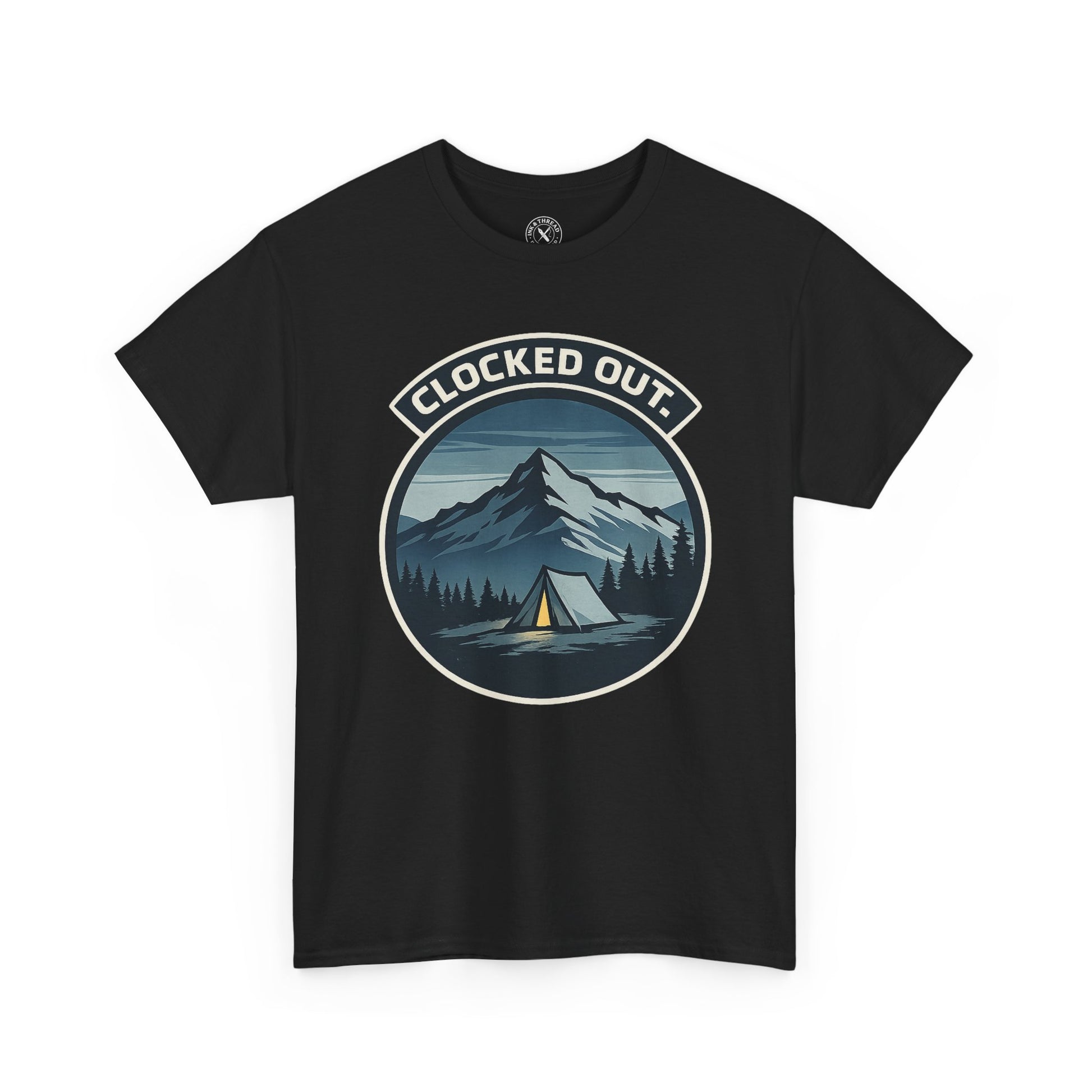 Black unisex t-shirt featuring Clocked Out camping circular badge graphic with mountain tent and forest night design