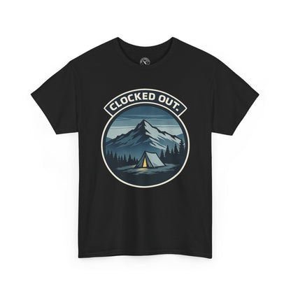 Black unisex t-shirt featuring Clocked Out camping circular badge graphic with mountain tent and forest night design
