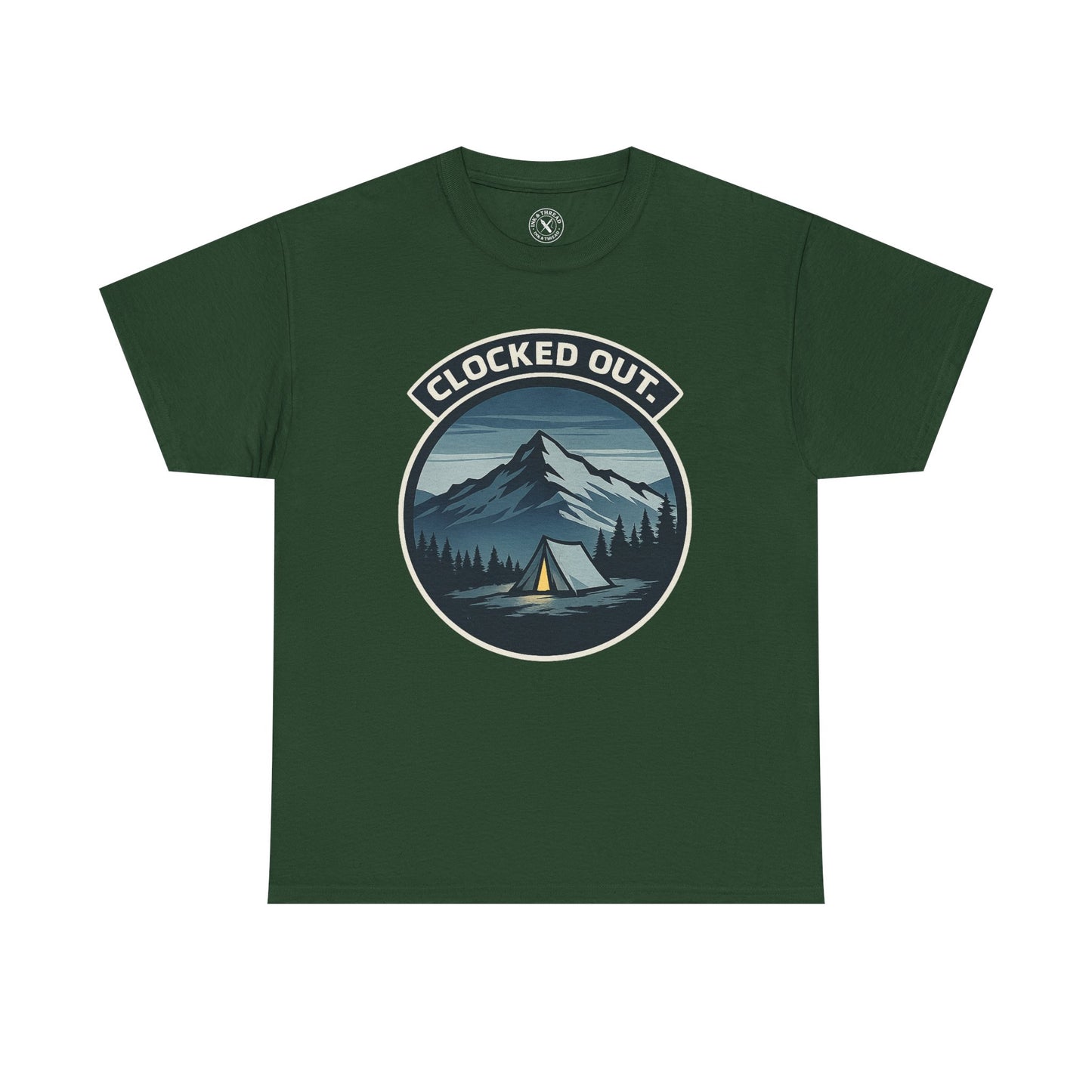 Forest green unisex t-shirt featuring Clocked Out camping circular badge graphic with mountain tent and forest night design