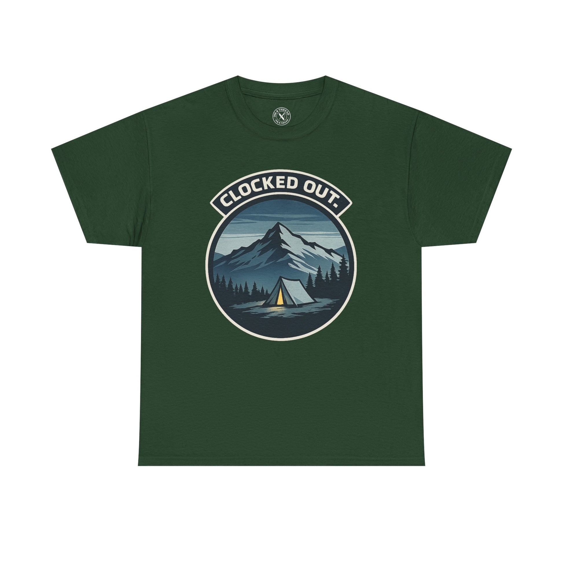 Forest green unisex t-shirt featuring Clocked Out camping circular badge graphic with mountain tent and forest night design