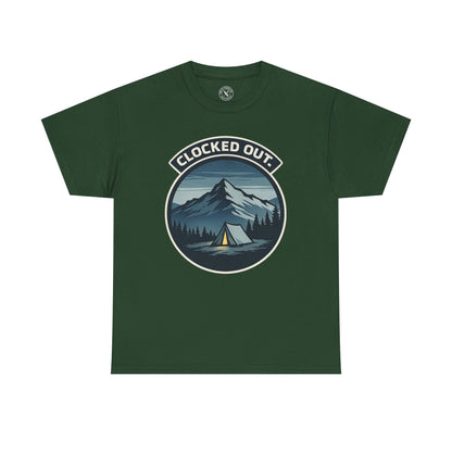 Forest green unisex t-shirt featuring Clocked Out camping circular badge graphic with mountain tent and forest night design