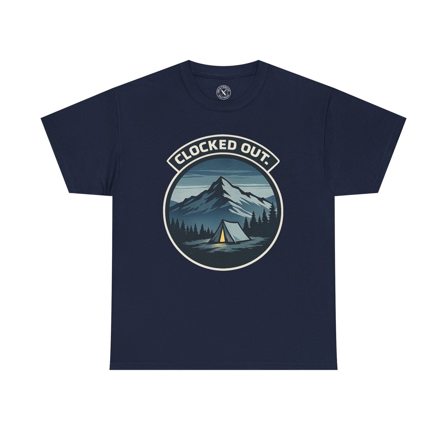 Navy blue unisex t-shirt featuring Clocked Out camping circular badge graphic with mountain tent and forest night design