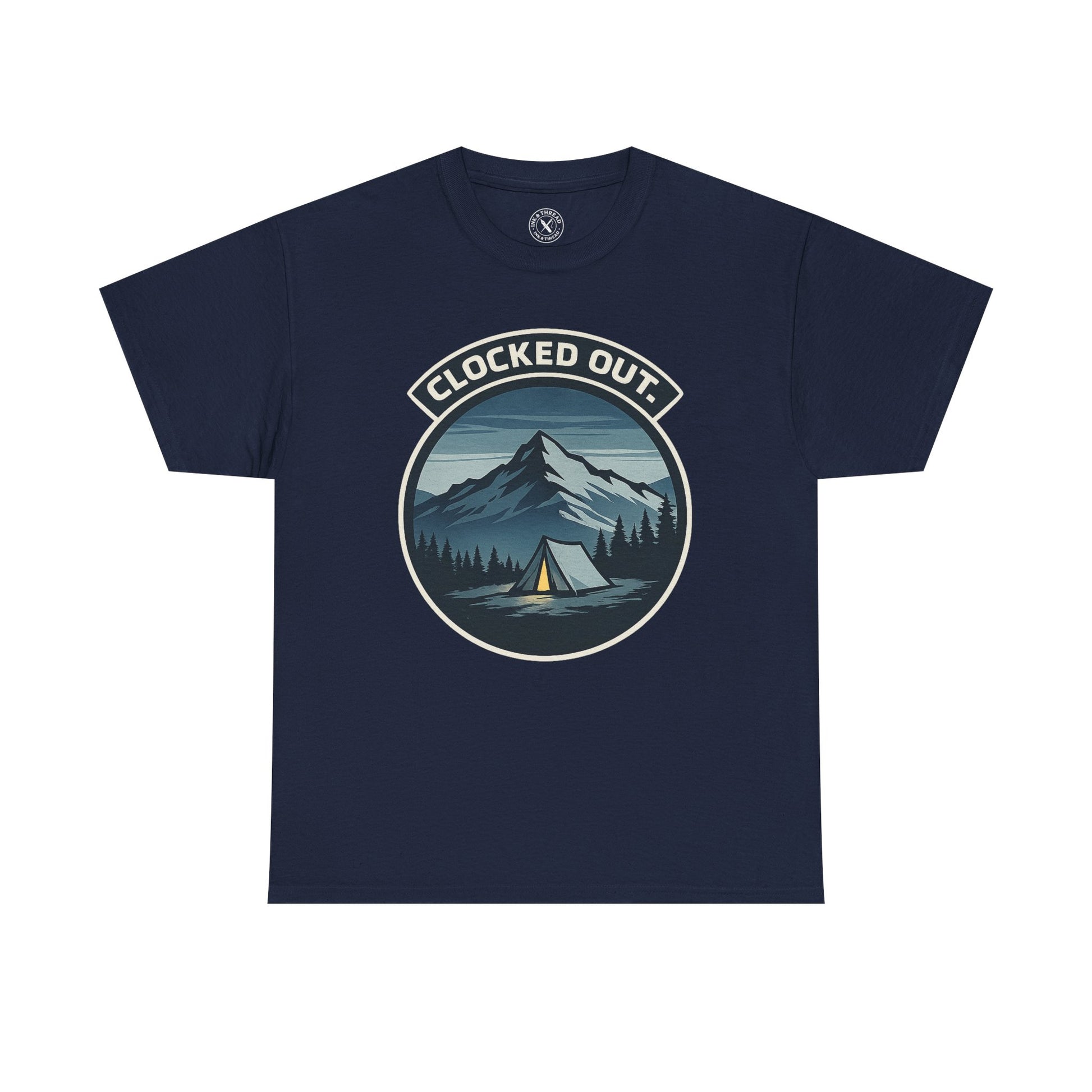 Navy blue unisex t-shirt featuring Clocked Out camping circular badge graphic with mountain tent and forest night design