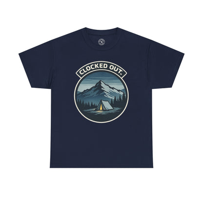 Navy blue unisex t-shirt featuring Clocked Out camping circular badge graphic with mountain tent and forest night design