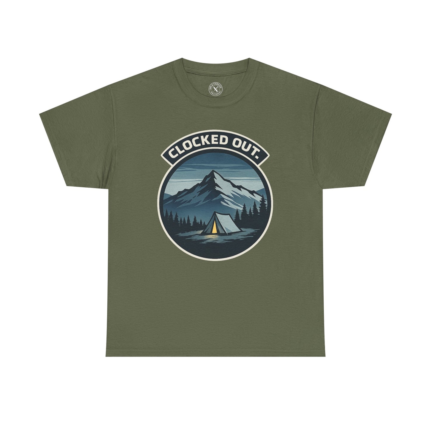 Olive green unisex t-shirt featuring Clocked Out camping circular badge graphic with mountain tent and forest night design