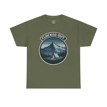 Olive green unisex t-shirt featuring Clocked Out camping circular badge graphic with mountain tent and forest night design
