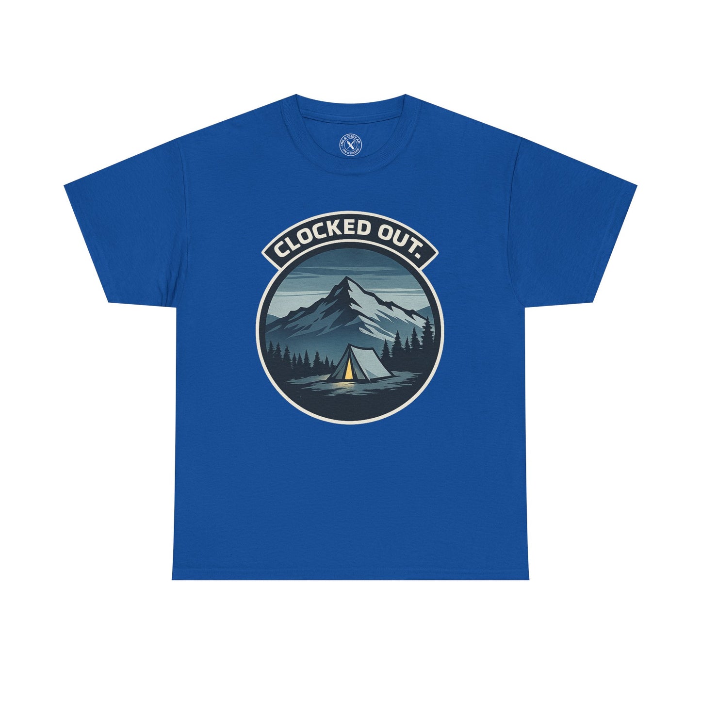 Royal blue unisex t-shirt featuring Clocked Out camping circular badge graphic with mountain tent and forest night design