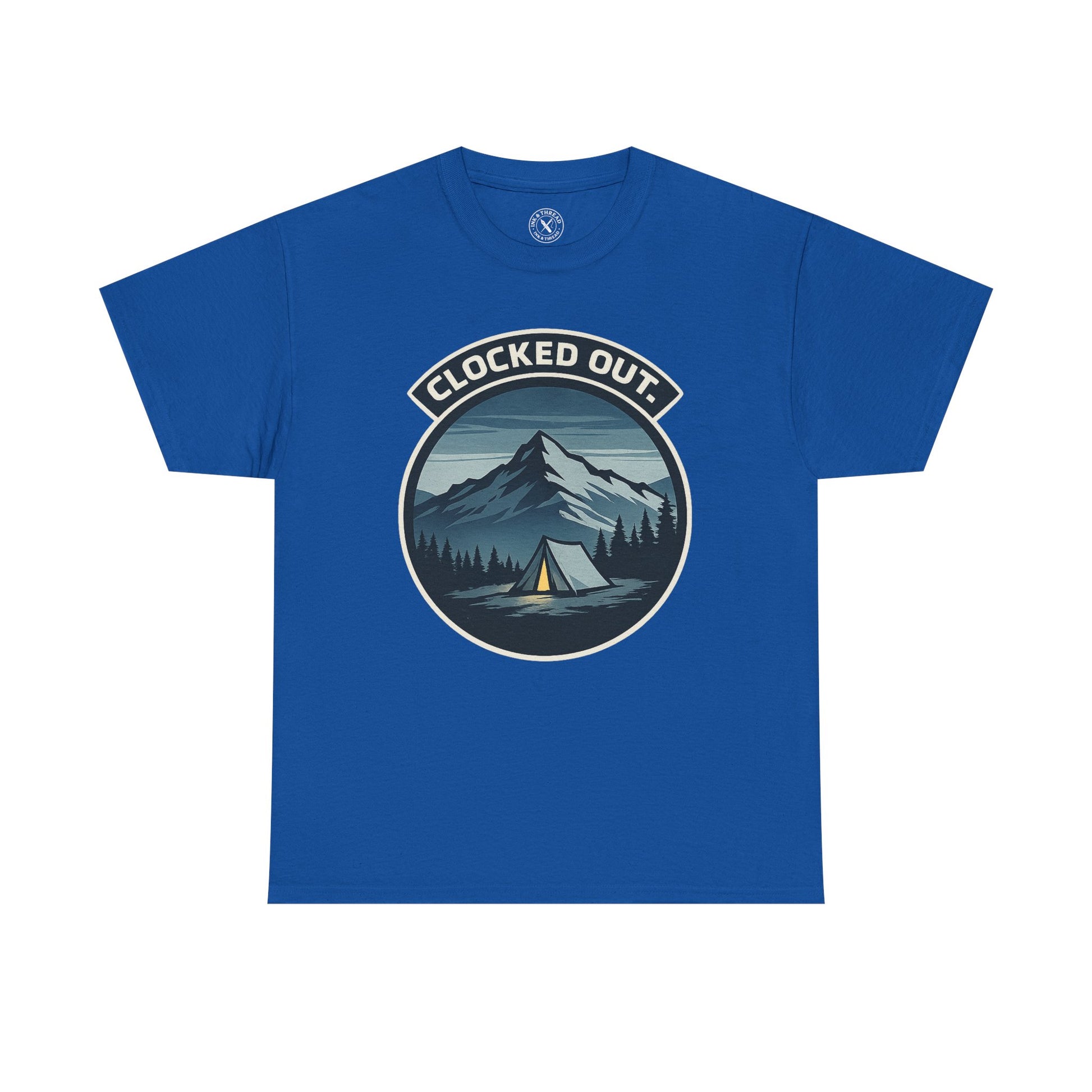 Royal blue unisex t-shirt featuring Clocked Out camping circular badge graphic with mountain tent and forest night design