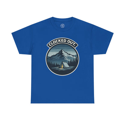 Royal blue unisex t-shirt featuring Clocked Out camping circular badge graphic with mountain tent and forest night design