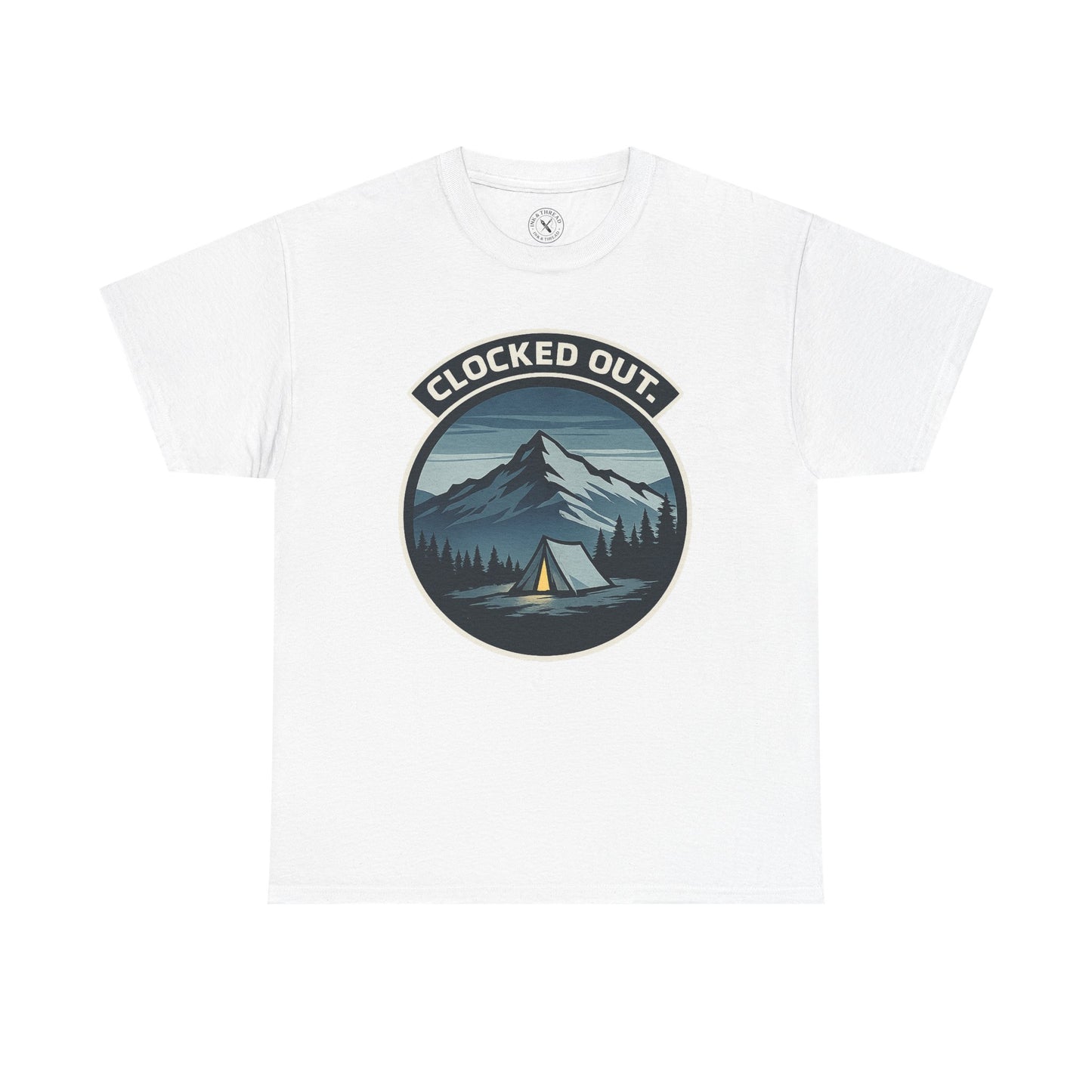 White unisex t-shirt featuring Clocked Out camping circular badge graphic with mountain tent and forest night design
