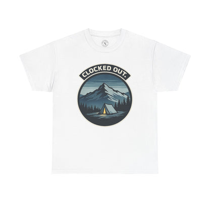 White unisex t-shirt featuring Clocked Out camping circular badge graphic with mountain tent and forest night design