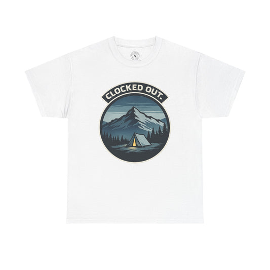 White unisex t-shirt featuring Clocked Out camping circular badge graphic with mountain tent and forest night design