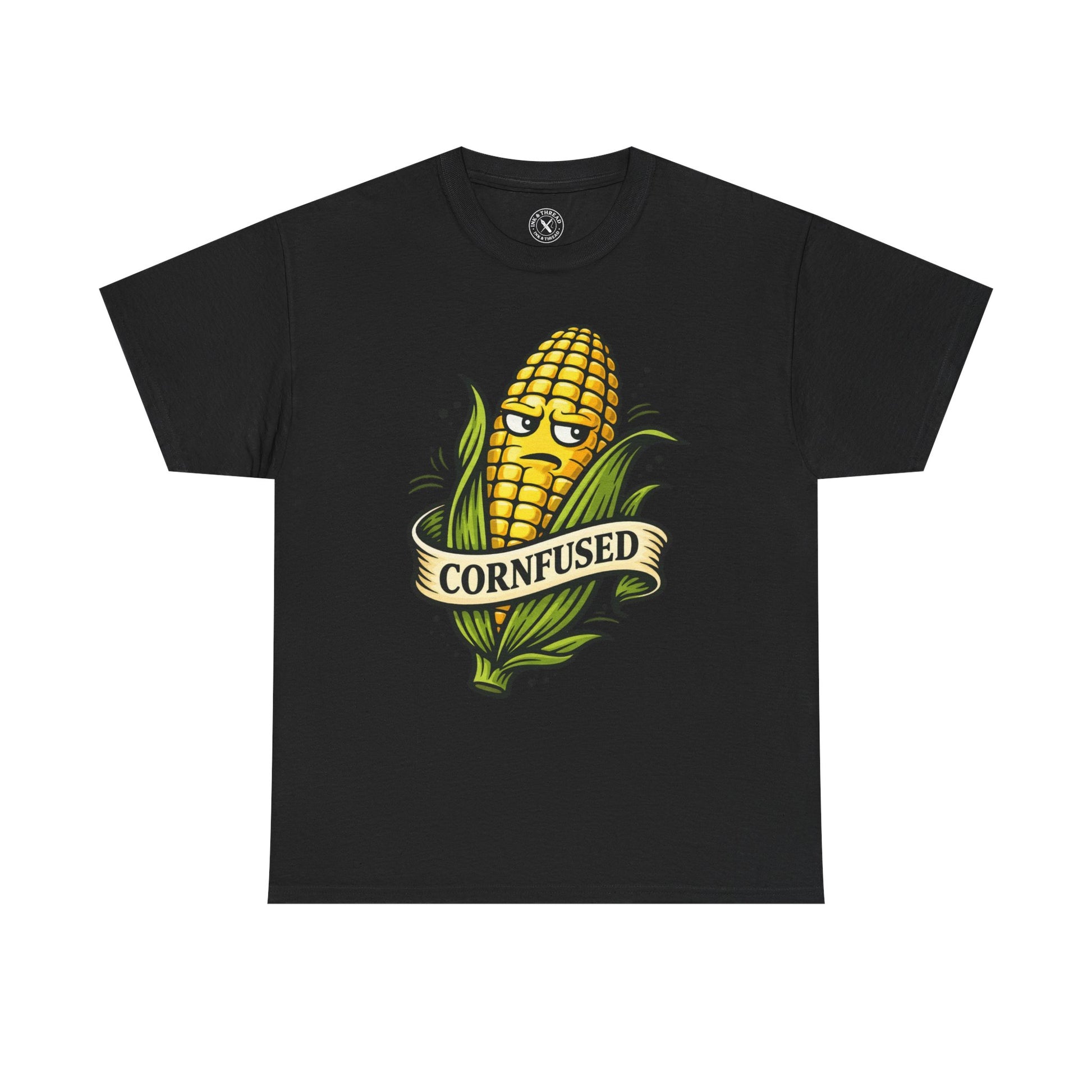 Black t-shirt with a corn graphic and Cornfused funny pun text on a white background