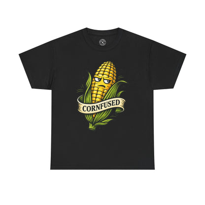 Black t-shirt with a corn graphic and Cornfused funny pun text on a white background