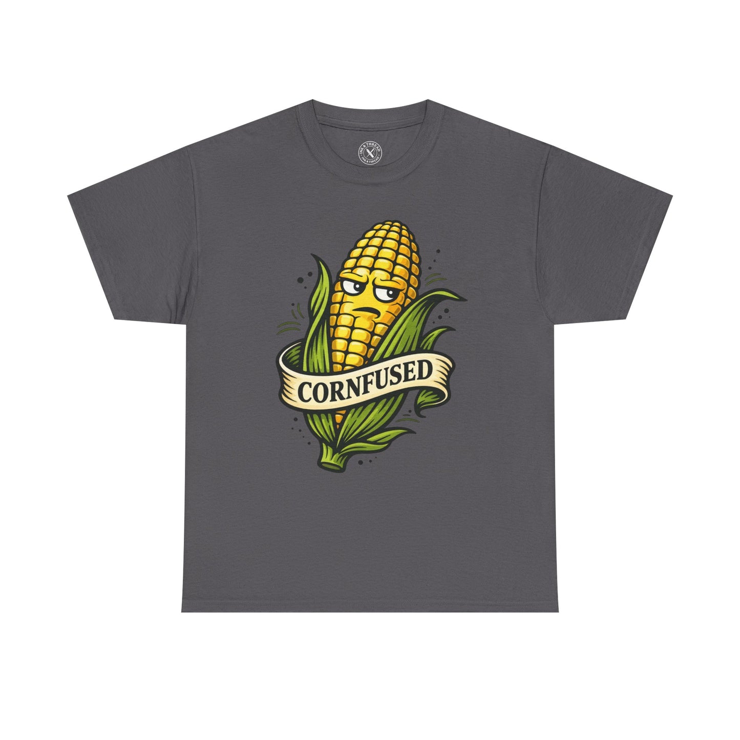 Charcoal grey t-shirt with a corn graphic and Cornfused funny pun text on a white background