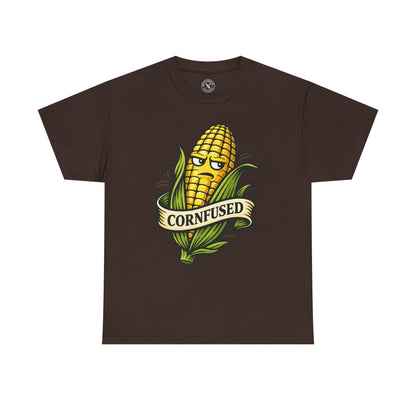 Dark brown t-shirt with a corn graphic and Cornfused funny pun text on a white background
