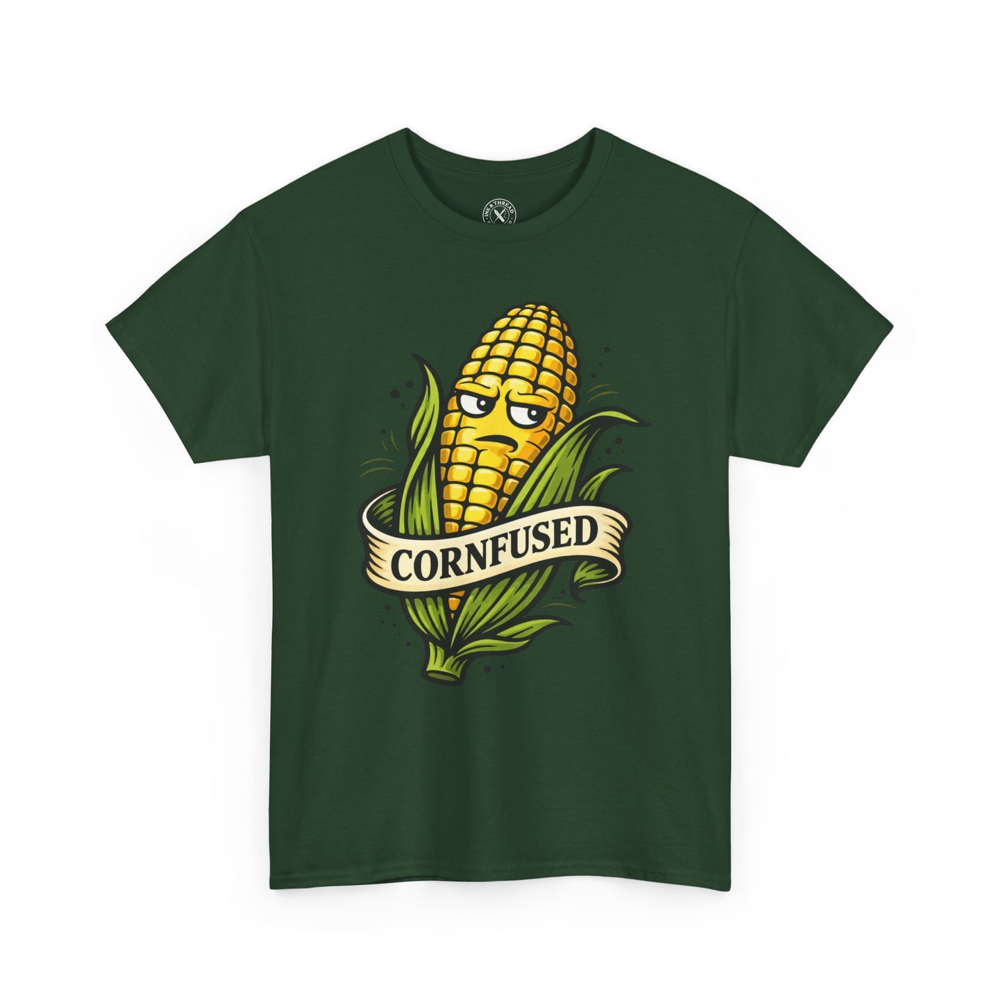Dark green t-shirt with a corn graphic and Cornfused funny pun text on a white background