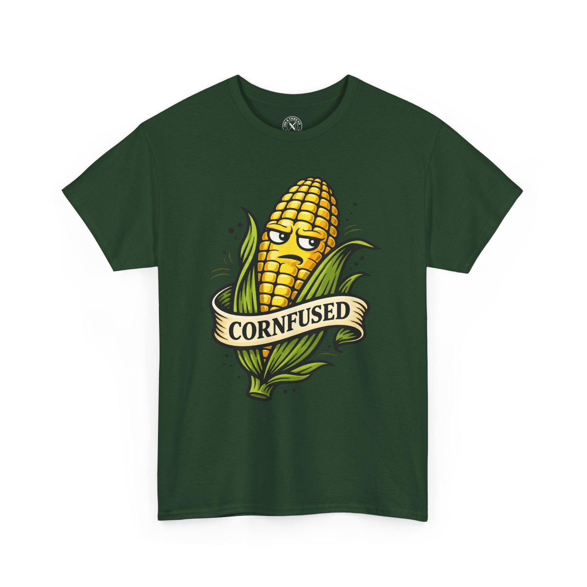 Dark green t-shirt with a corn graphic and Cornfused funny pun text on a white background