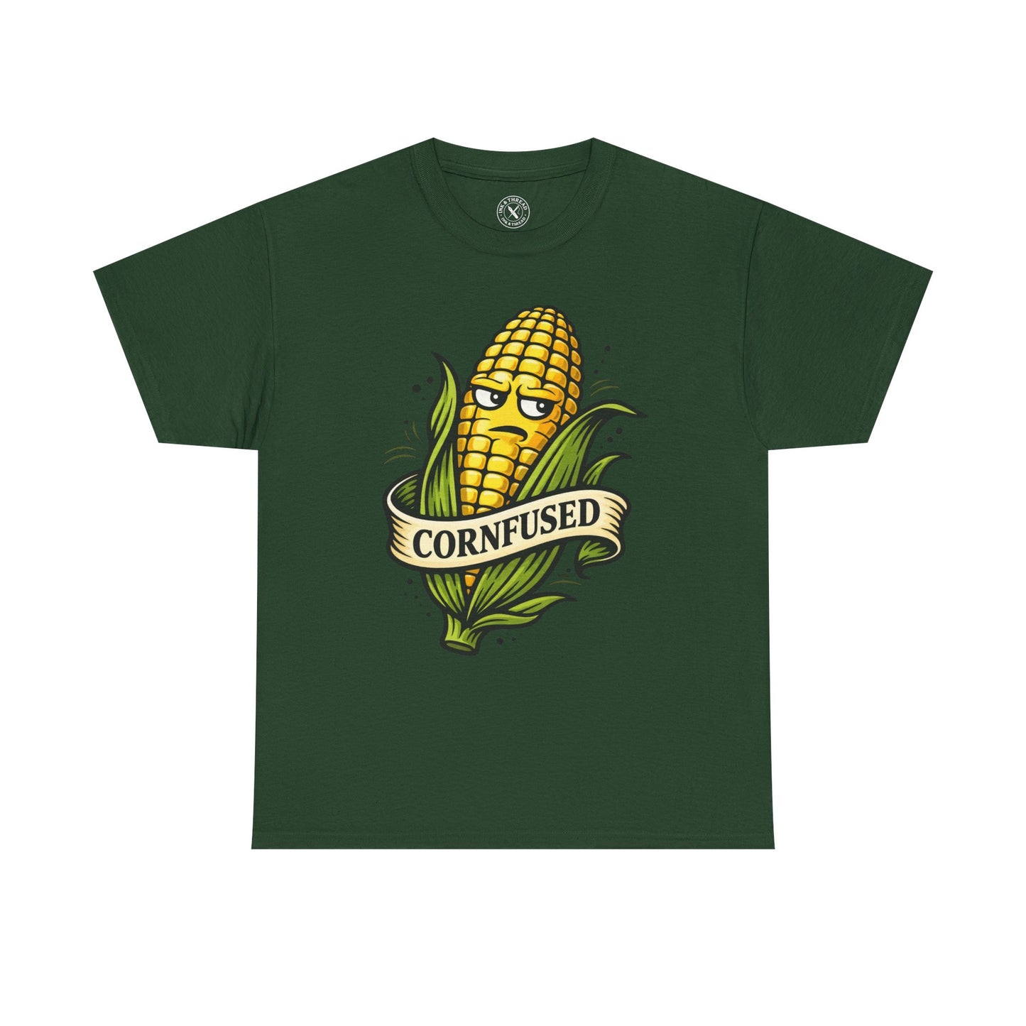 Forest green t-shirt with a corn graphic and Cornfused funny pun text on a white background