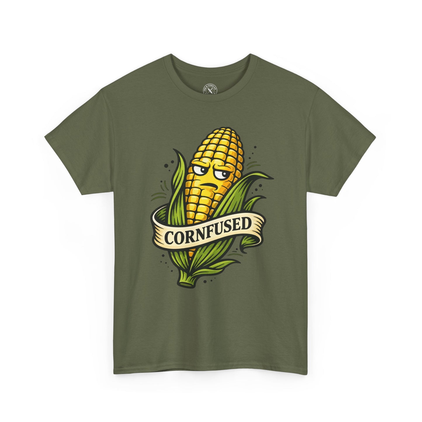 Military green t-shirt with a corn graphic and Cornfused funny pun text on a white background