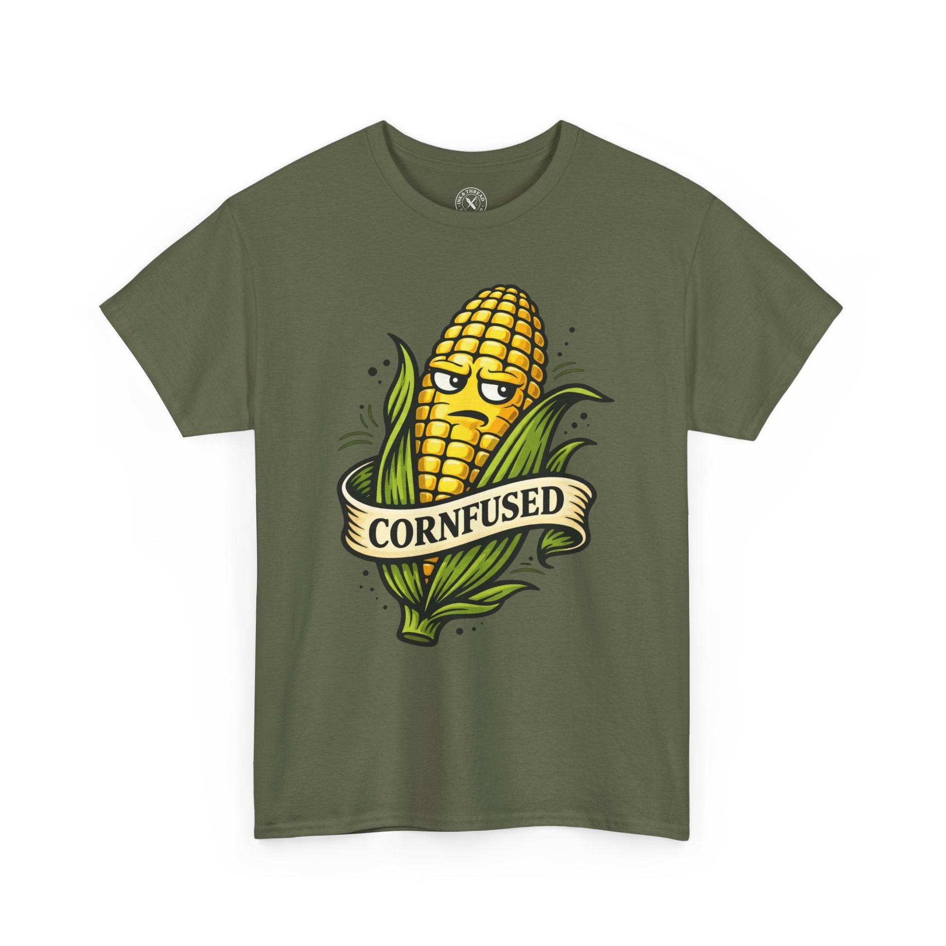 Military green t-shirt with a corn graphic and Cornfused funny pun text on a white background