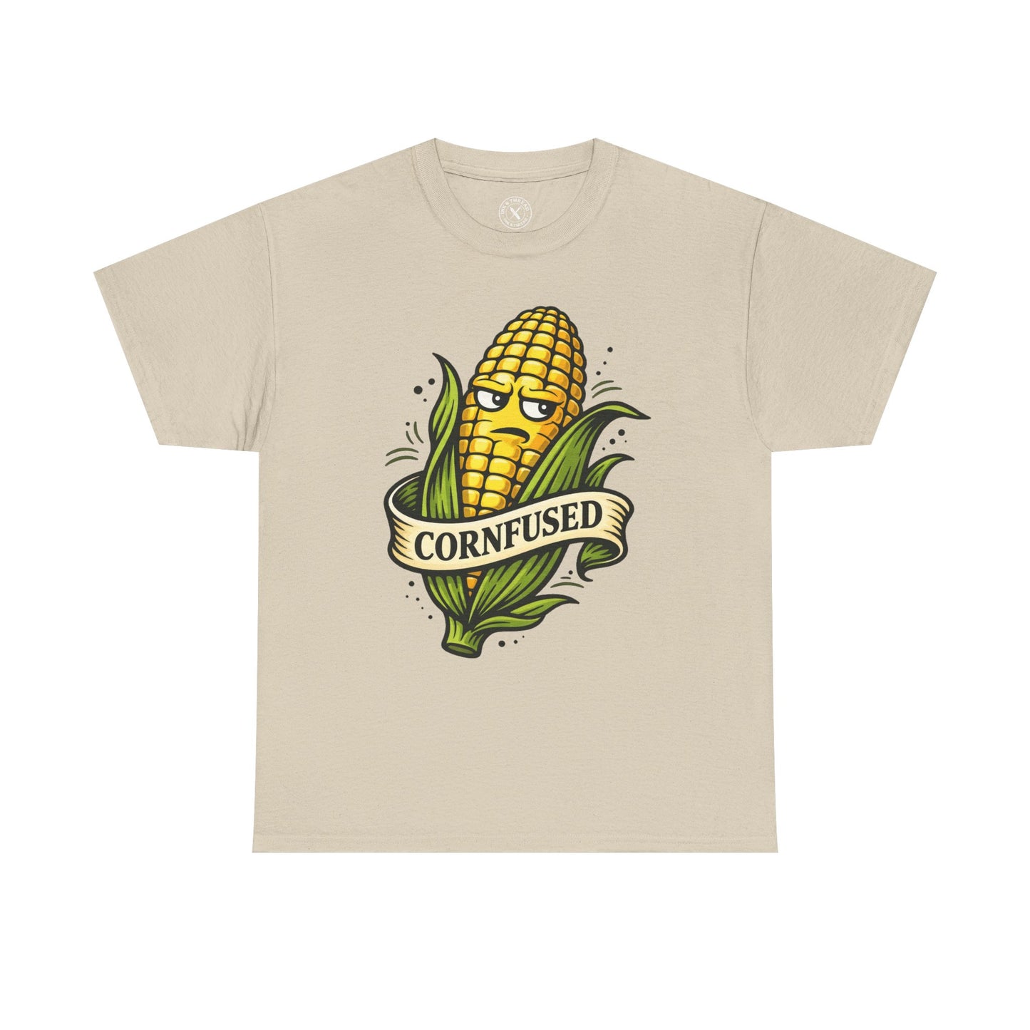 Sand beige t-shirt with a corn graphic and Cornfused funny pun text on a white background