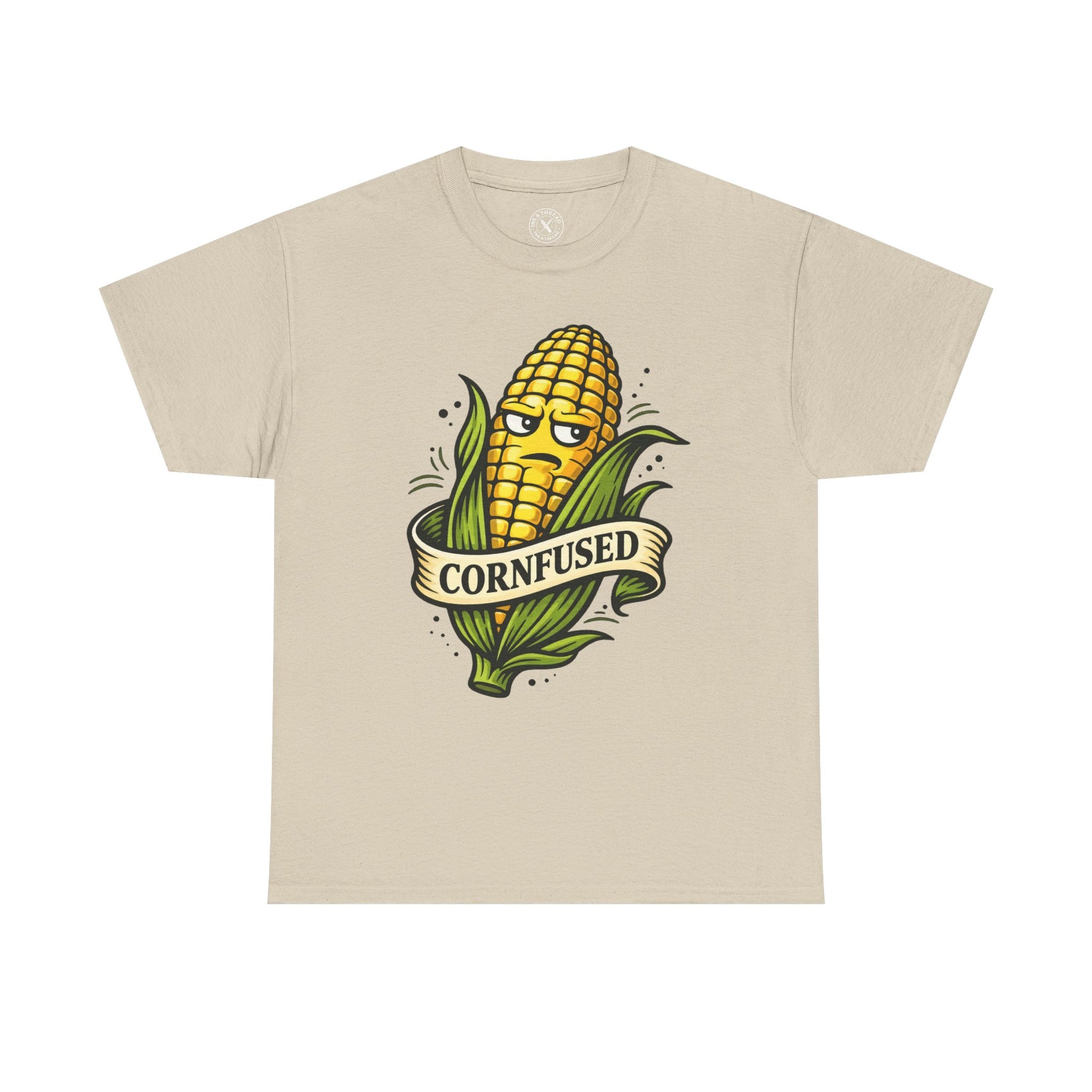 Sand beige t-shirt with a corn graphic and Cornfused funny pun text on a white background