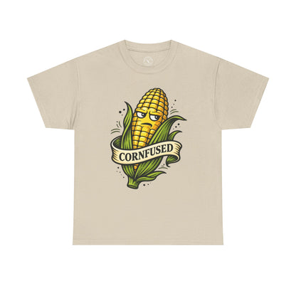 Sand beige t-shirt with a corn graphic and Cornfused funny pun text on a white background