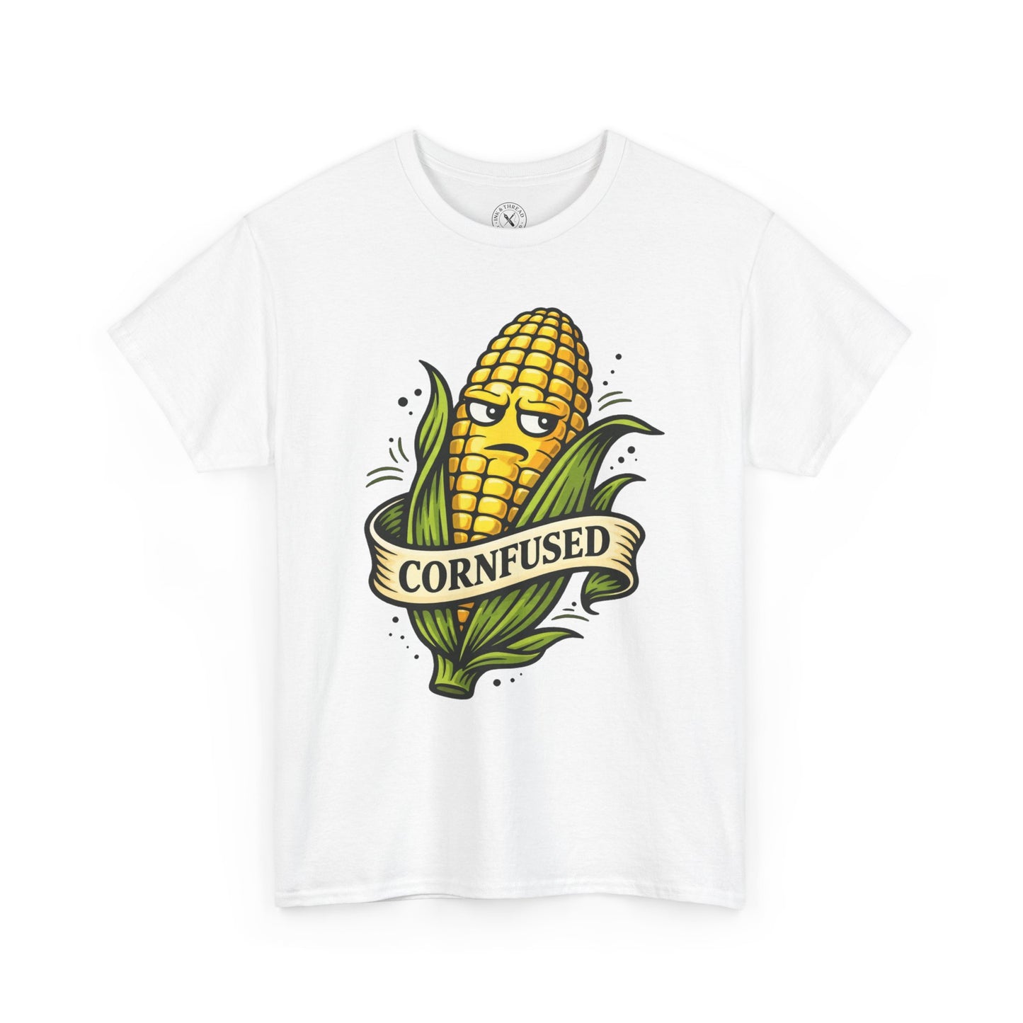 White t-shirt with a corn graphic and Cornfused funny pun text on a white background