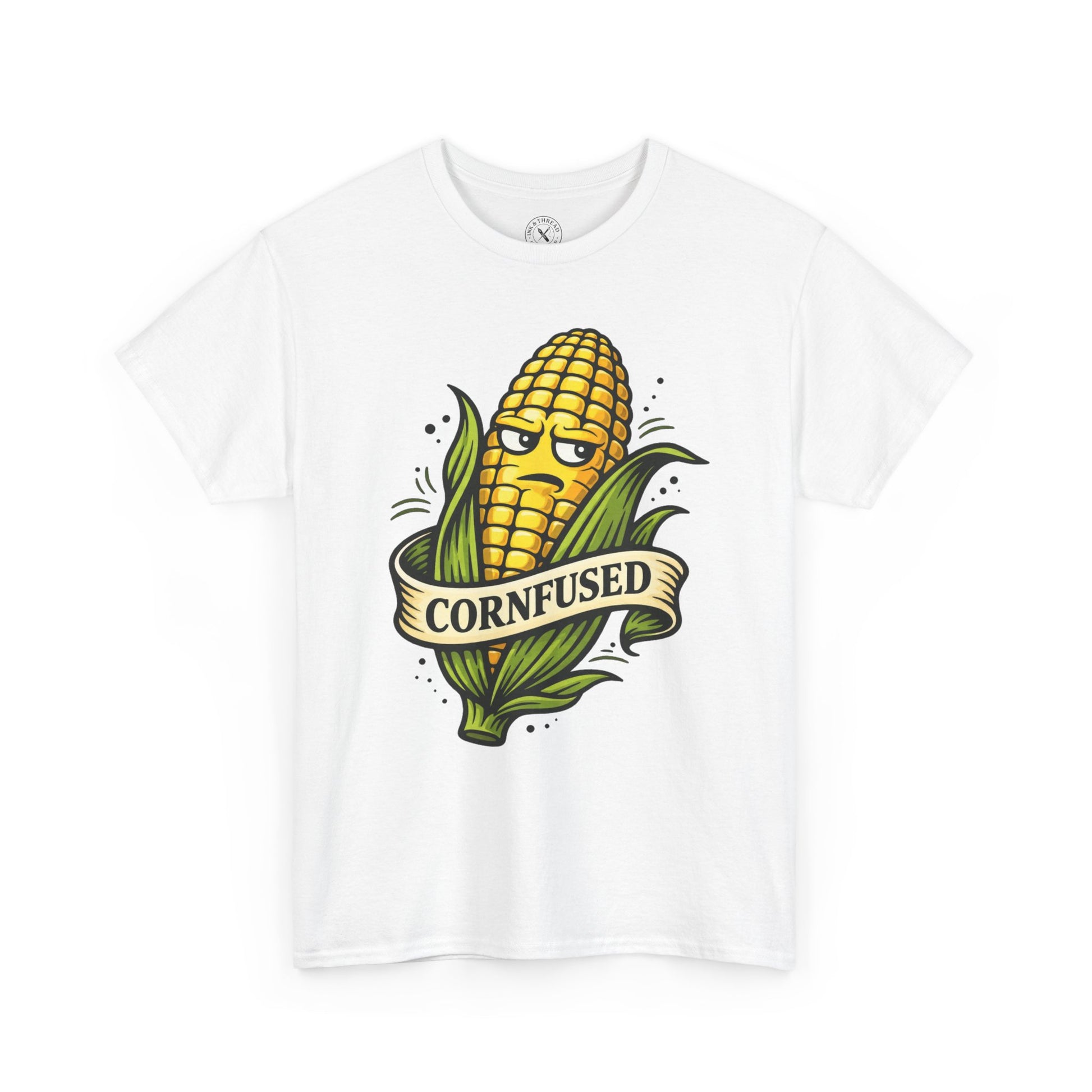 White t-shirt with a corn graphic and Cornfused funny pun text on a white background