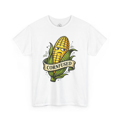 White t-shirt with a corn graphic and Cornfused funny pun text on a white background