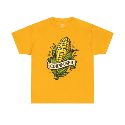 Yellow gold t-shirt with a corn graphic and Cornfused funny pun text on a white background