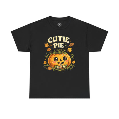 Cutie Pie Pumpkin Halloween T-Shirt in Dark Grey - Jack-o-Lantern with Autumn Leaves Design