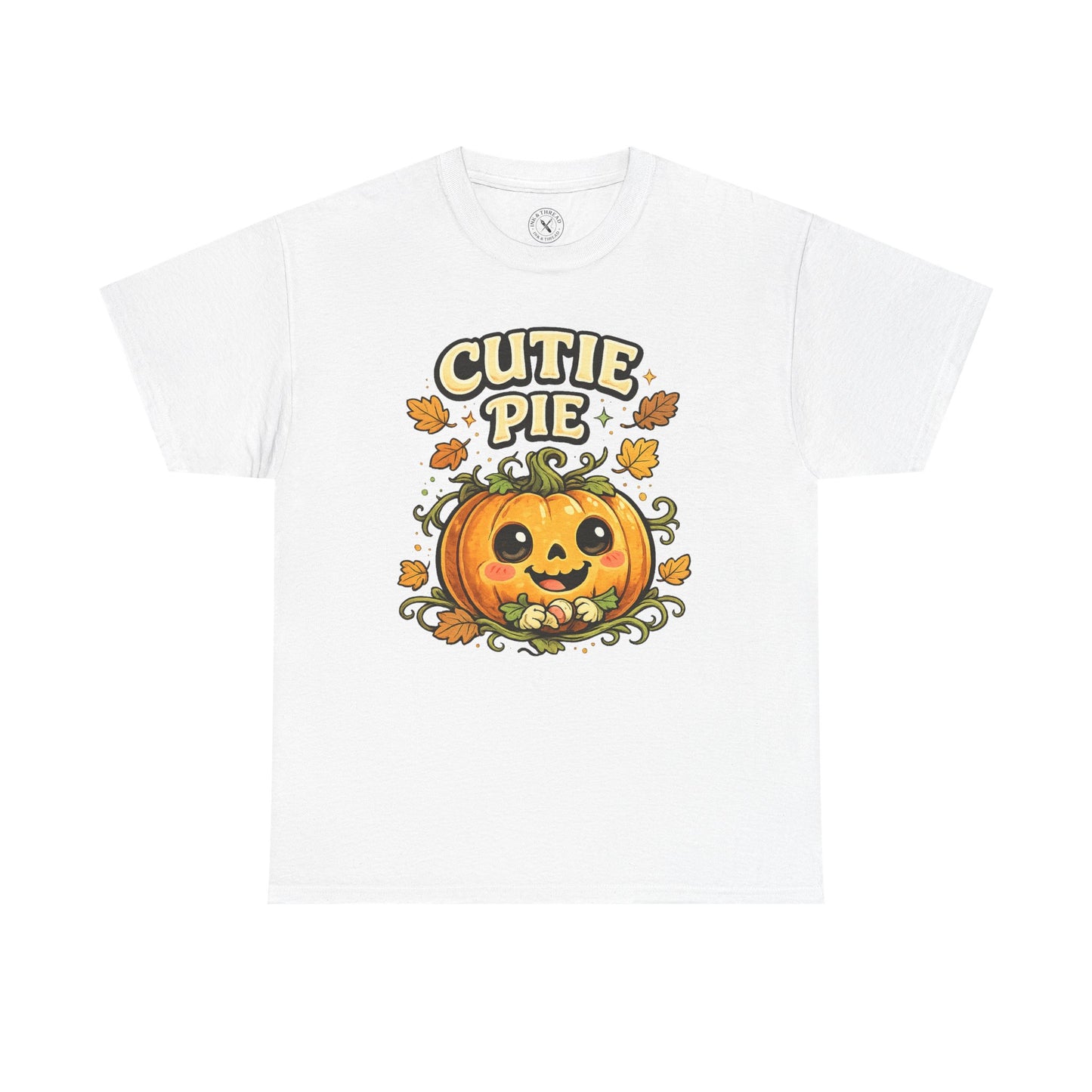 Cutie Pie Pumpkin Halloween T-Shirt in Light Grey - Jack-o-Lantern with Autumn Leaves Design