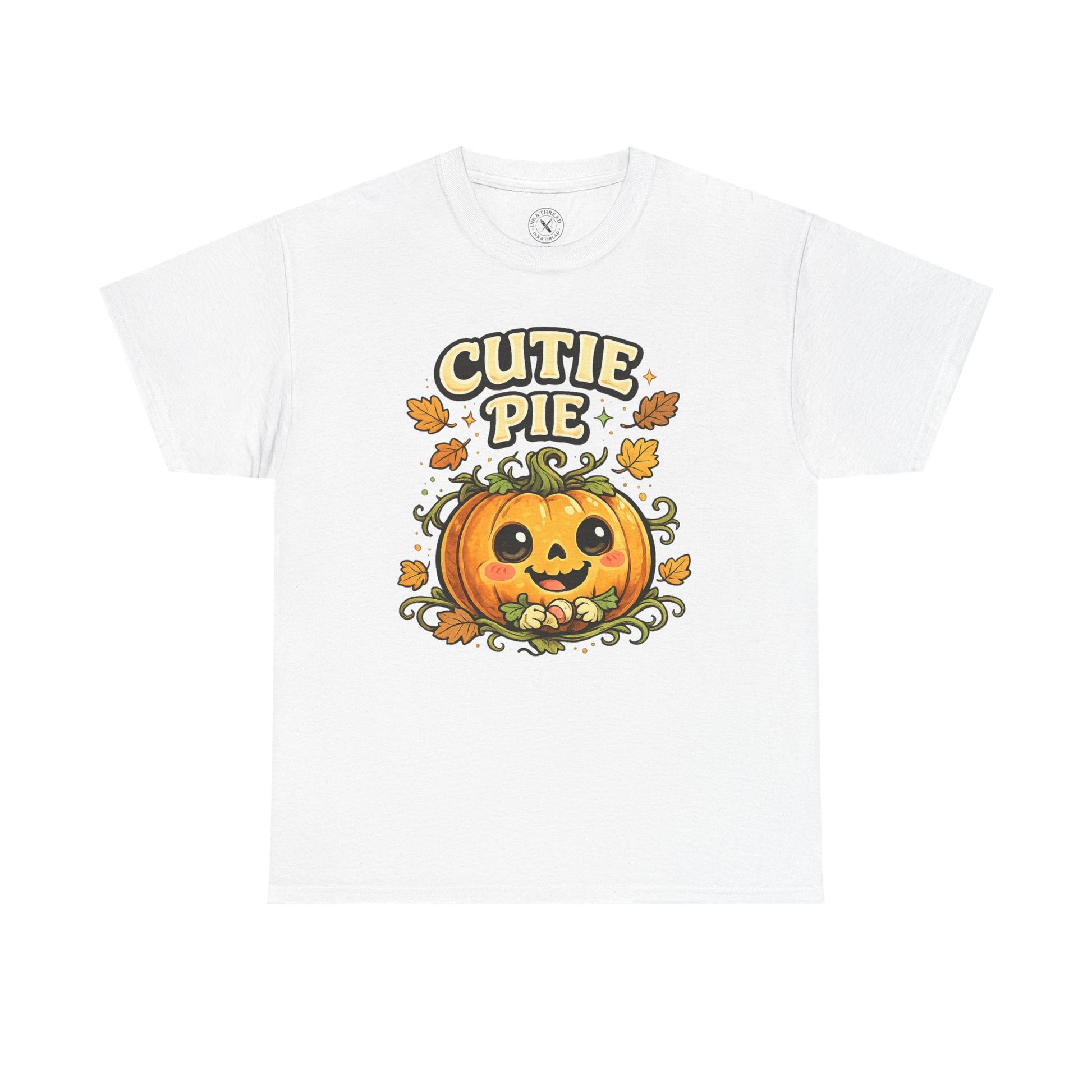 Cutie Pie Pumpkin Halloween T-Shirt in Light Grey - Jack-o-Lantern with Autumn Leaves Design