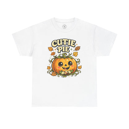 Cutie Pie Pumpkin Halloween T-Shirt in Light Grey - Jack-o-Lantern with Autumn Leaves Design