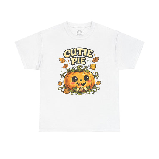 Cutie Pie Pumpkin Halloween T-Shirt in Light Grey - Jack-o-Lantern with Autumn Leaves Design