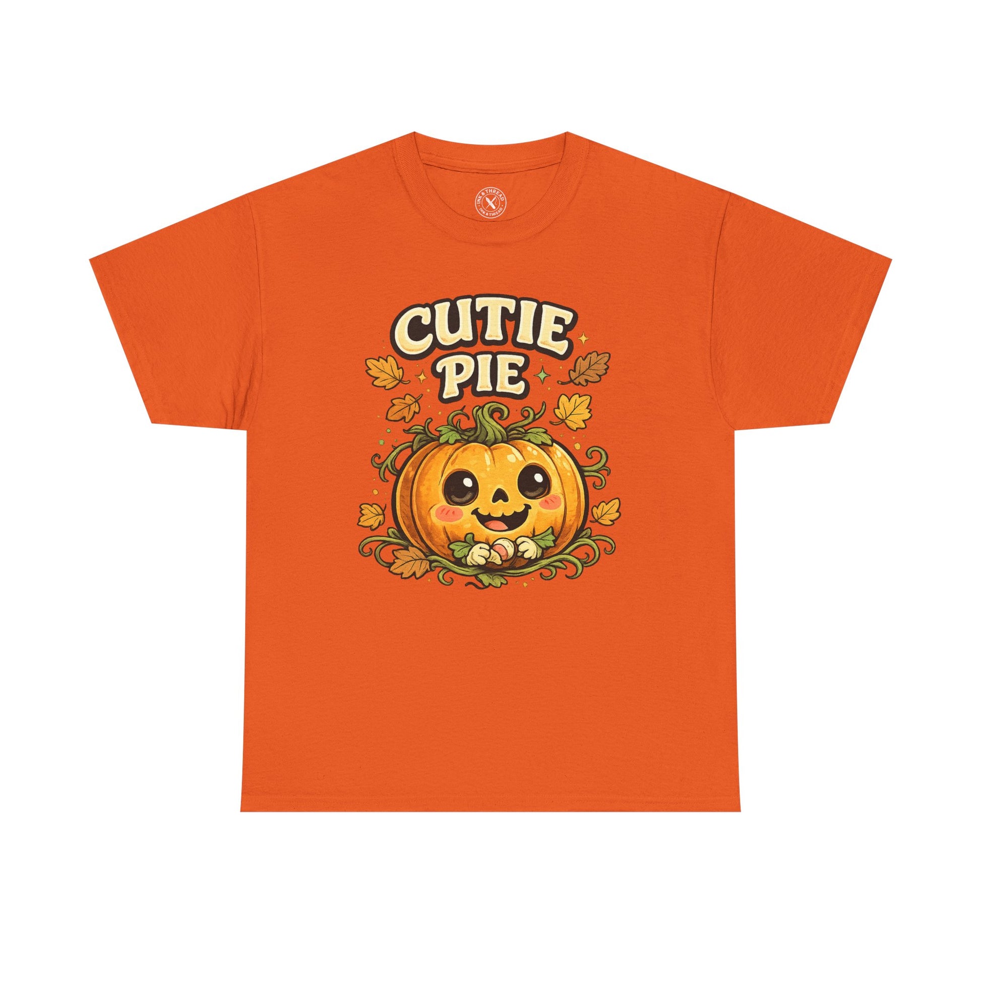 Cutie Pie Pumpkin Halloween T-Shirt in Orange - Jack-o-Lantern with Autumn Leaves Design
