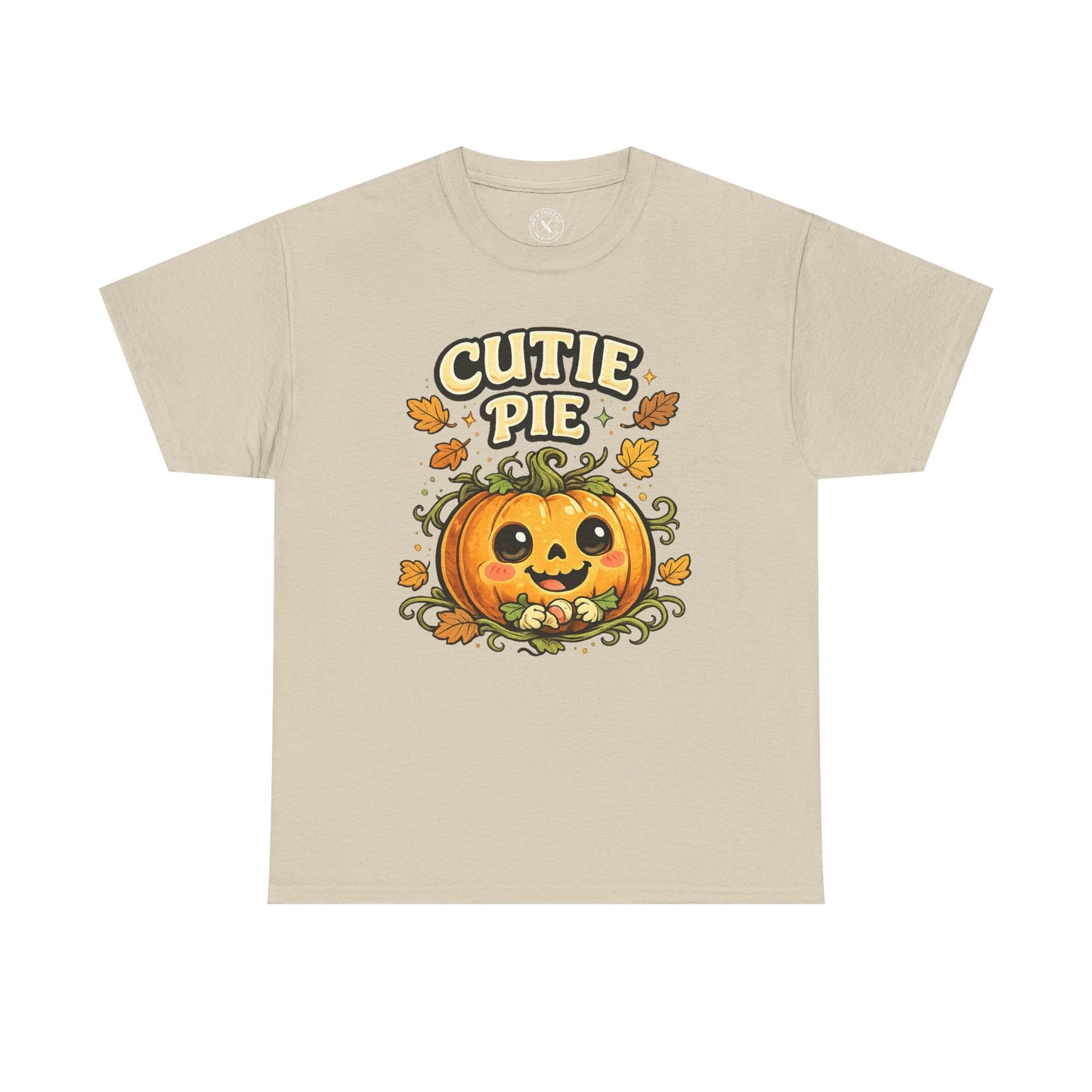 Cutie Pie Pumpkin Halloween T-Shirt in Sand Beige - Jack-o-Lantern with Autumn Leaves Design