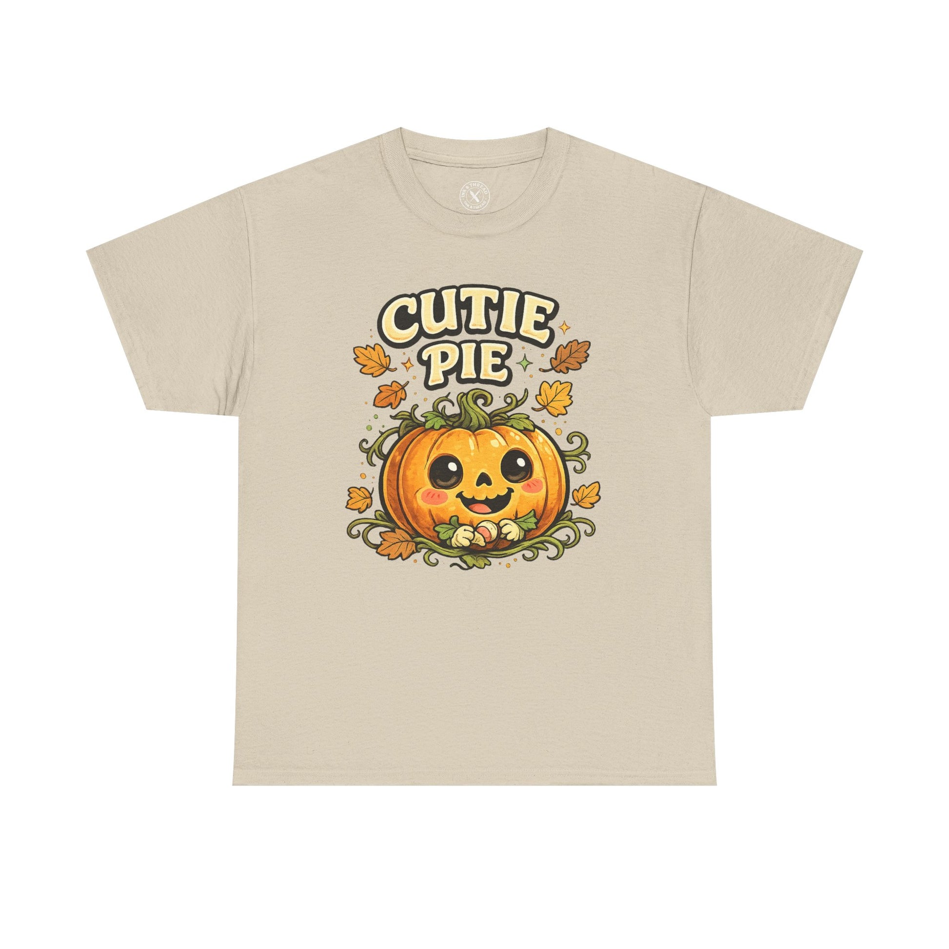 Cutie Pie Pumpkin Halloween T-Shirt in Sand Beige - Jack-o-Lantern with Autumn Leaves Design