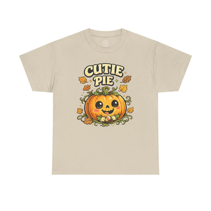 Cutie Pie Pumpkin Halloween T-Shirt in Sand Beige - Jack-o-Lantern with Autumn Leaves Design