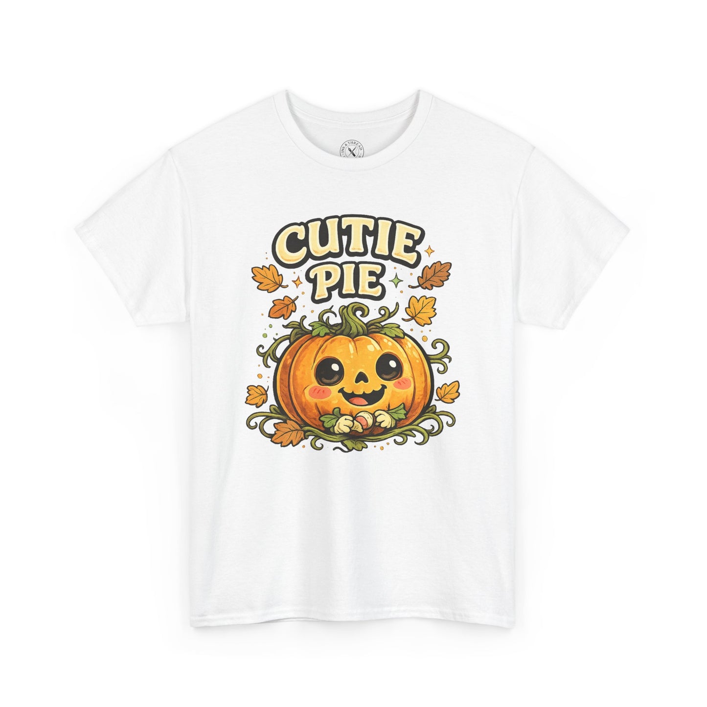 Cutie Pie Pumpkin Halloween T-Shirt in White - Jack-o-Lantern with Autumn Leaves Design