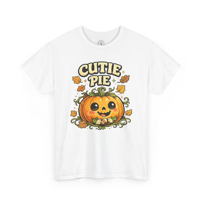 Cutie Pie Pumpkin Halloween T-Shirt in White - Jack-o-Lantern with Autumn Leaves Design