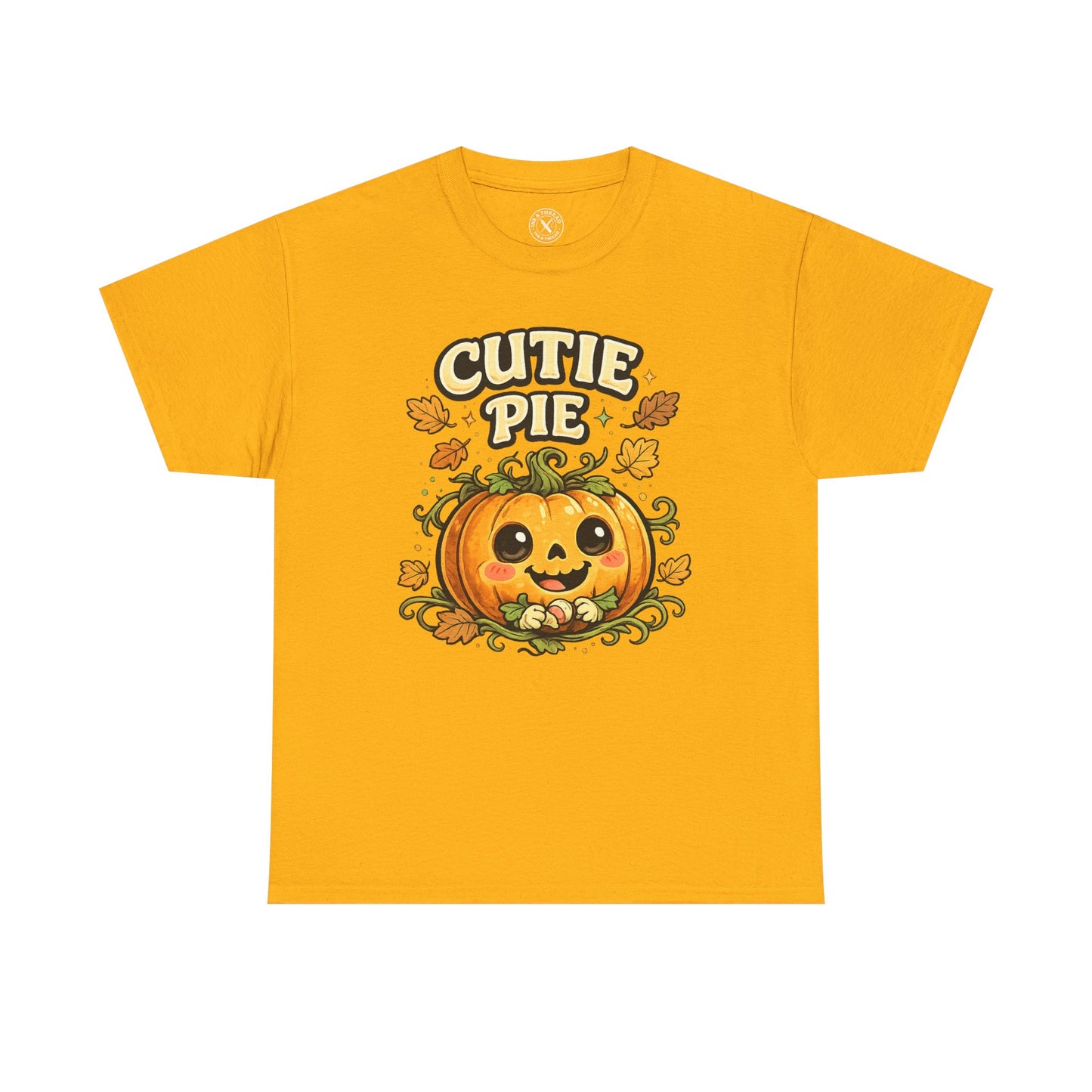 Cutie Pie Pumpkin Halloween T-Shirt in Yellow - Jack-o-Lantern with Autumn Leaves Design