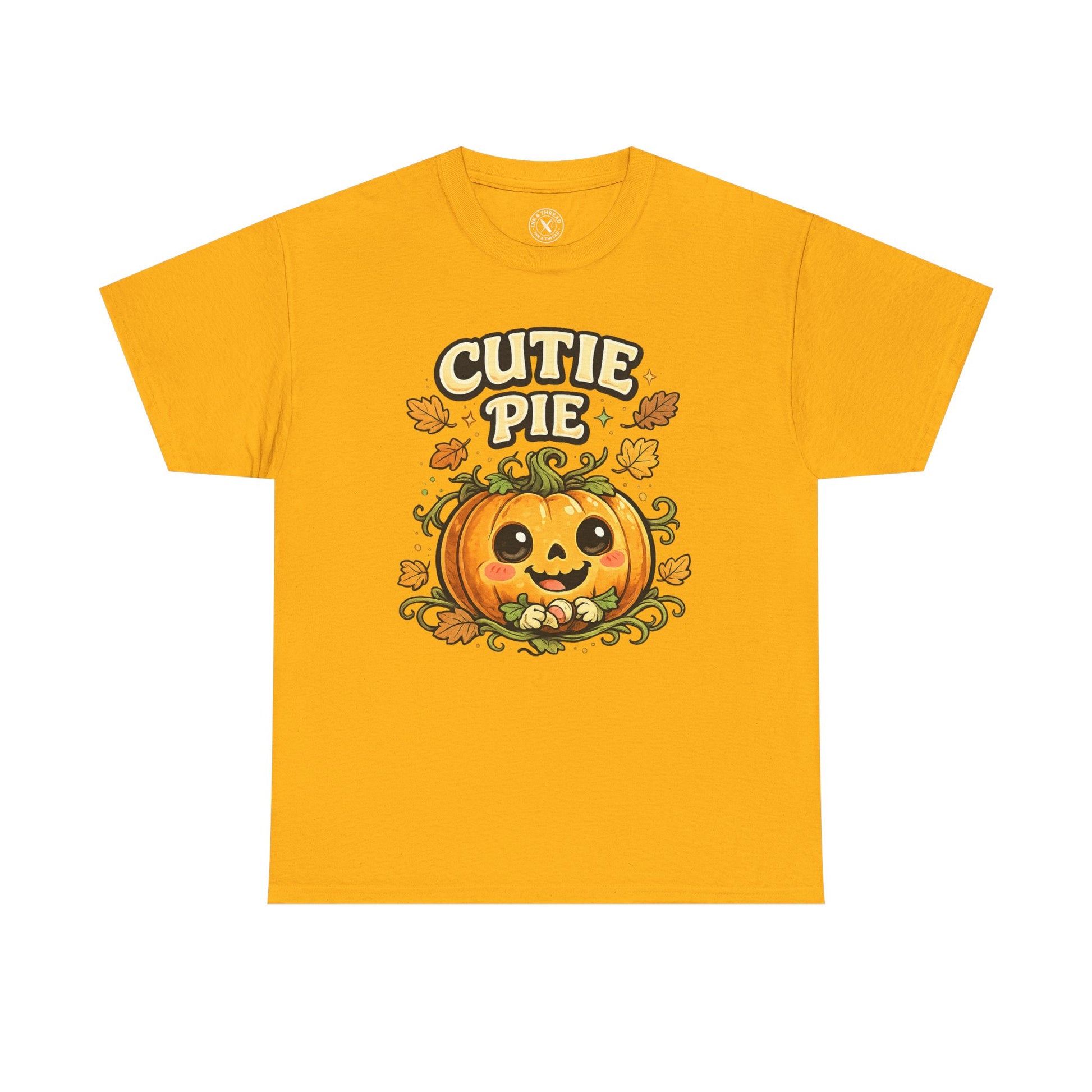 Cutie Pie Pumpkin Halloween T-Shirt in Yellow - Jack-o-Lantern with Autumn Leaves Design